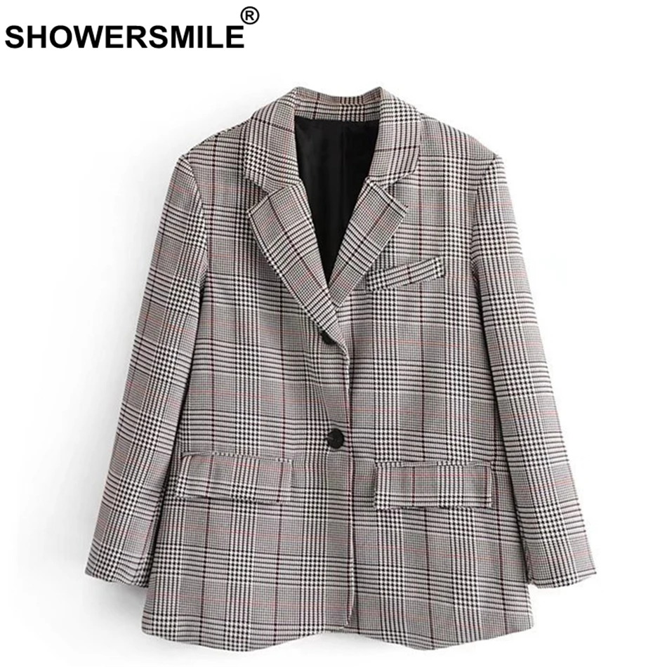 

SHOWERSMILE Houndstooth Plaid Womens Blazers Checkered Cotton Vintage Blazer Coat Spring Long Sleeve Tartan British Suit Jackets