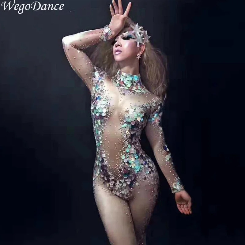 

new Big Sequins Bodysuit Sexy Leggings Crystals Jumpsuit Party Costume Stage Performance Rhinestones Big Stretch Rompers woman