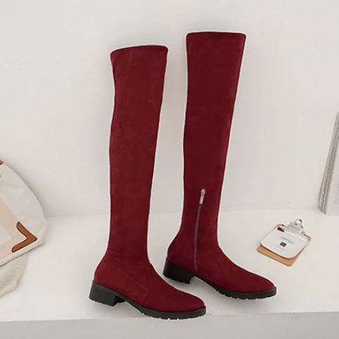 SIMLOVEYO/черные, серые женские замшевые ботфорты выше колена на толстом квадратном каблуке; женские Сапоги выше колена; большие размеры 32-48; B007 - Цвет: Red  Low heel