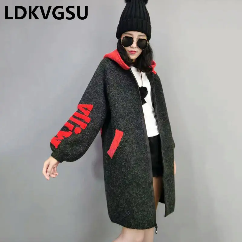 

2018 New Fashion Autumn Winter Women's Sweater Coats Casual Hooded Loose Zipper Cardigan Knitted Jacket Female Overcoat Is1211