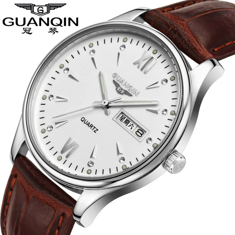 GUANQIN 30m Waterproof Quartz Watch Men Watches Brand Hardlex Luminous Leather Fashion Luxury Analog Wristwatch | Наручные часы