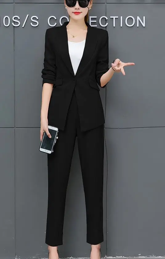 Женские офисные костюмы осень Новые OL досуг брюки из двух частей комплект одежды Блейзер Топ куртка брюки однотонная одежда корейская мода