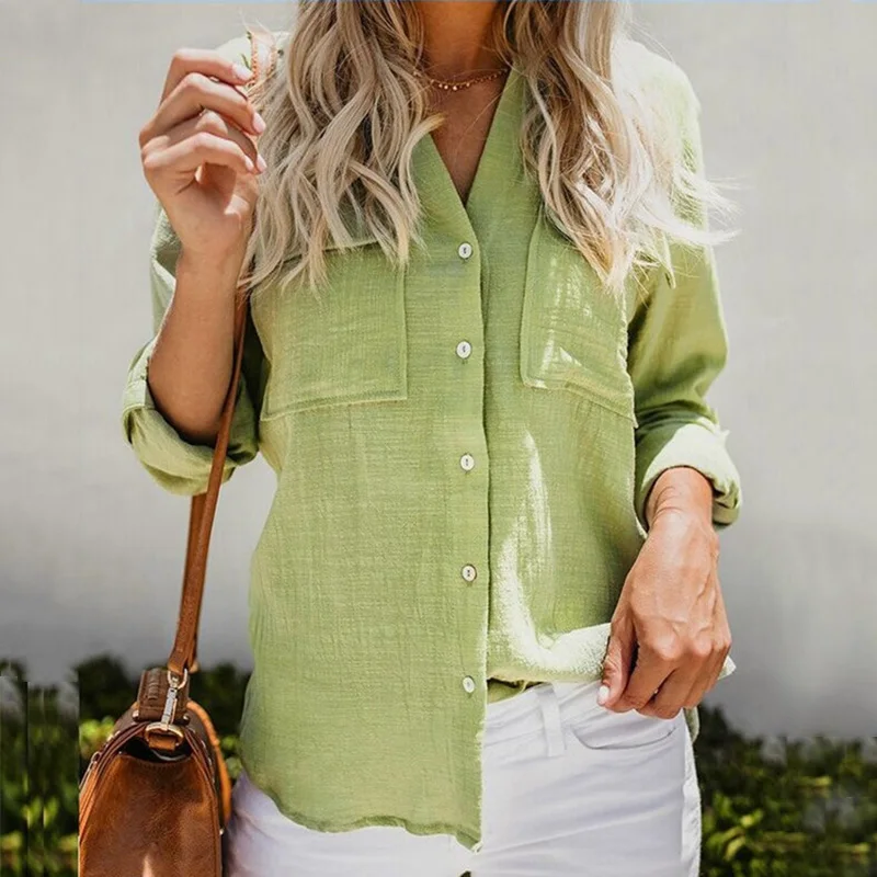 

Office Lady Button Women's Pockets Blouse Shirt Top Black Long Sleeve V-Neck Feminine Blouses Summer Solid Ladies Shirts Tops