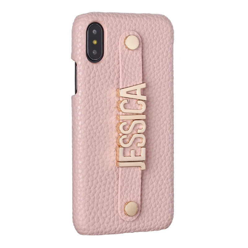 Holding Strap Metal Personalization Your Name Pebble Grain Leather Phone Case For iPhone 11 Pro 6S