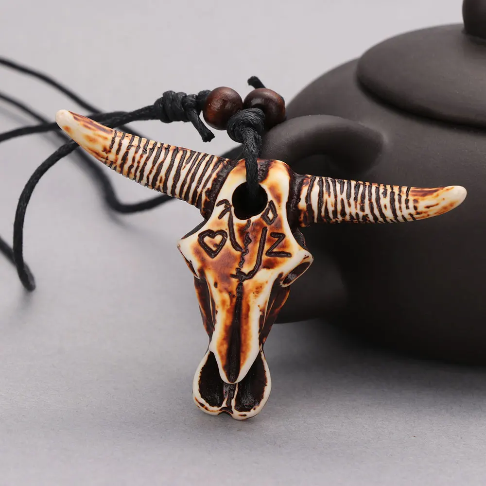 12pcs Tribal Style Yak Bone Cow/Bull Head Skull Amulet Pendant Necklace