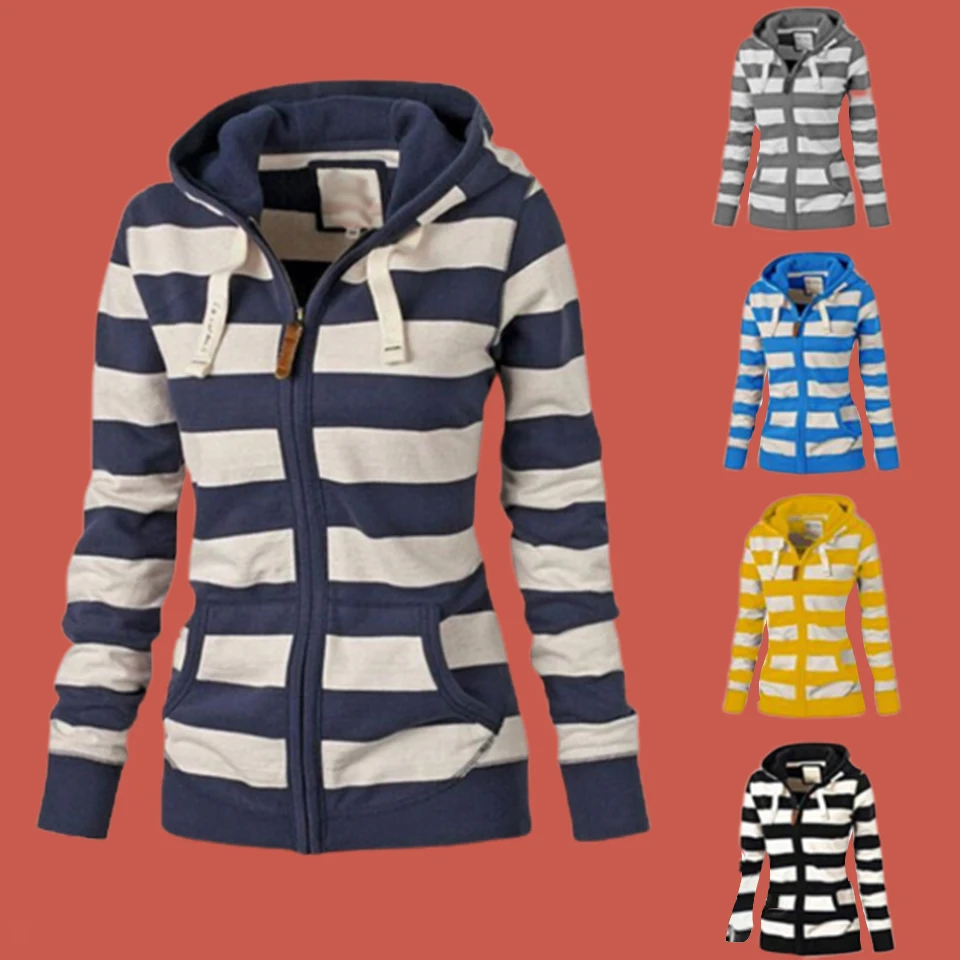 Vintage Sweatshirt Striped Women Hoodie Poleron Mujer 2021 Zip Up Contrast Color Drawstring Jacket Kangaroo Pocket | Женская одежда
