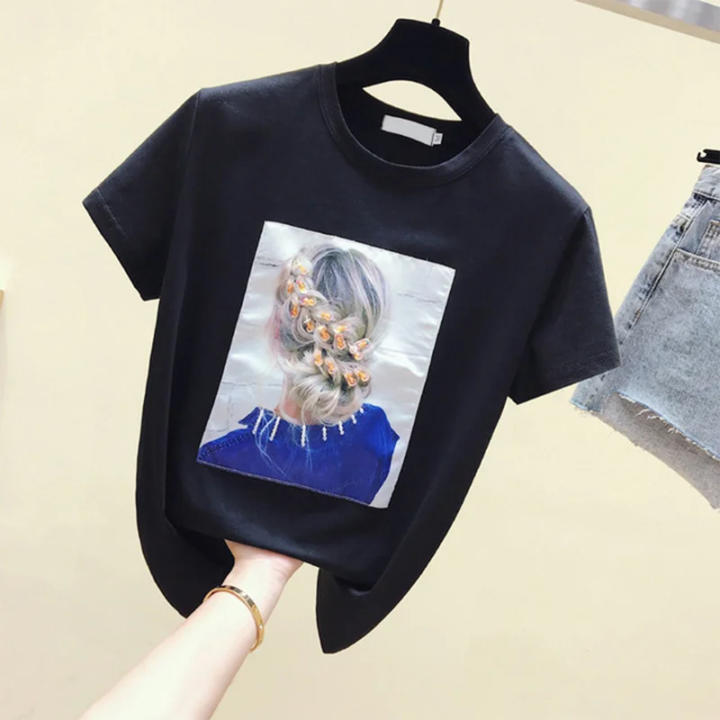 

Print Short Sleeve Korean Women T-shirt Summer Harajuku O-Neck White Black Female Tshirts 2019 Loose Casual Shirts Tops Clothing