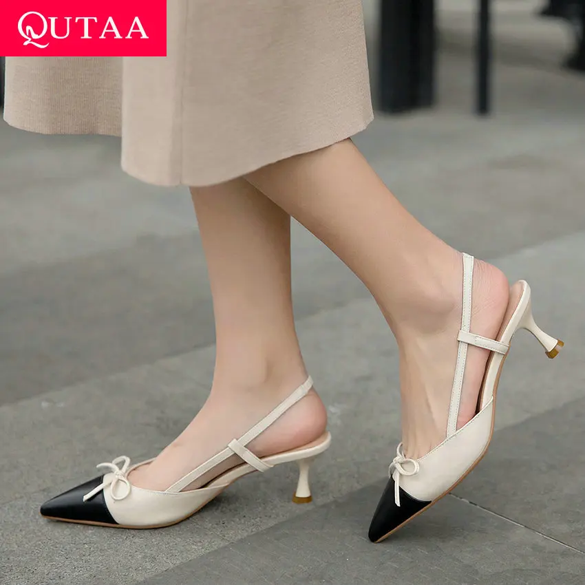 

QUTAA 2019 Women Pumps Cow Leather Butterfly-Knot Pointed Toe Thin Middle Heel Slingback Mixed Color Anti-skid Sandals Size34-39