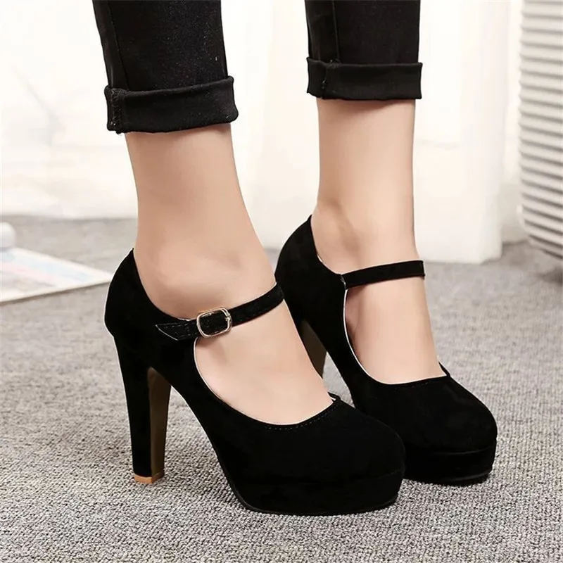 

spring the new retro Mary Jane's round head, shallow mouth, thick suede and high heel buckle women's shoes