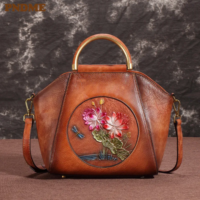 

PNDME retro handmade embossed genuine leather ladies handbag outdoor female cowhide flower women's party shoulder messenger bags