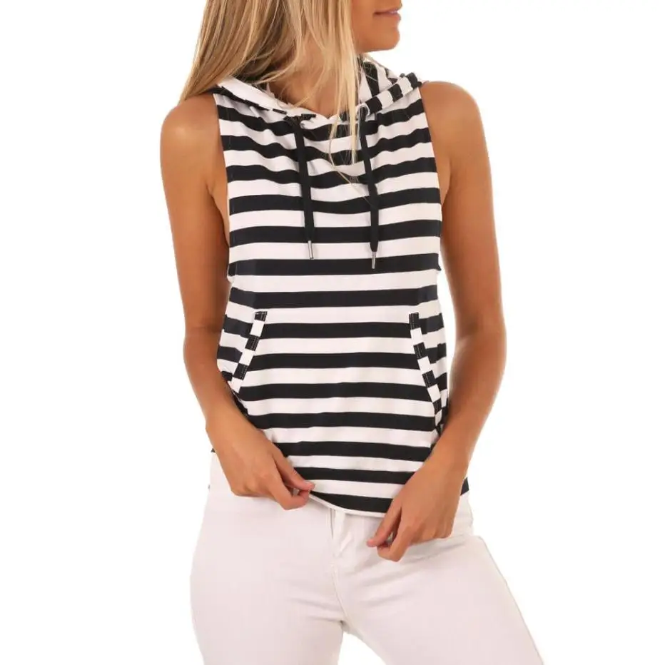 

Women Summer Sleeveless Hooded Ladies Black White Stripe Casual Tops Pockets Casual Tank Top Vest #BF