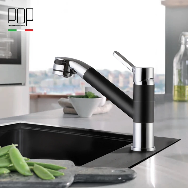 

POP Modern Style Pull Out Kitchen Faucet, 2-Function sprayer head, Matte black and chrome finish kitchen sink faucets