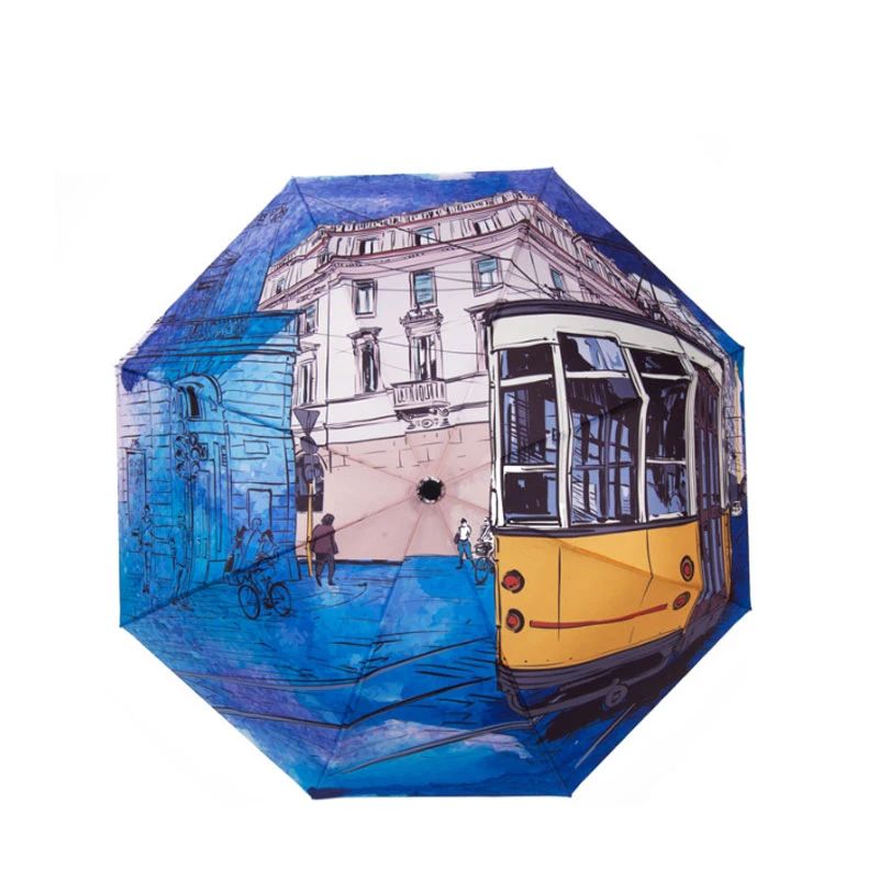 

City Bus Printing Folding Umbrella Sunny Rainy Blue Umbrellas Women Three Folding Pocket Fresh Party City View Parasol