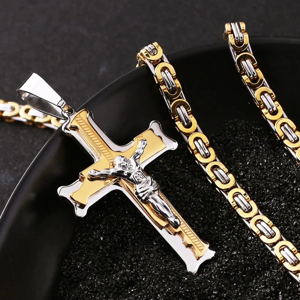 Religious Men Stainless Steel 2 Tone Jesus Cross Pendant Necklace New Trendy Punk Jewelry