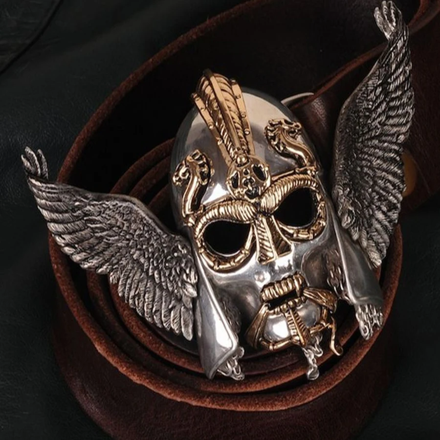 

OGRM Viking Warrior Costume Belt Viking Helmet Buckle Tin Alloy Gothic Cowhide Genuine Leather Belt Designer Belts Men