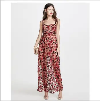 

Hot style embroidery gauzy strap lace sexy party pub floral beach long dress celebrity backless women dresses wholesale