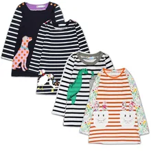 Модные полосатые платья для маленьких девочек с рисунком динозавра Банни, хлопковые наряды блузки для девочек, осенние длинные детские топы, джемперы, детские толстовки