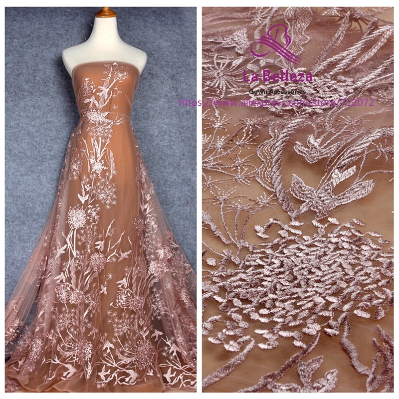 

La Belleza 2018 new fashion design lace fabric dirty pink/black/off white/Navy polyester on mesh embroidery lace fabric 1 yard