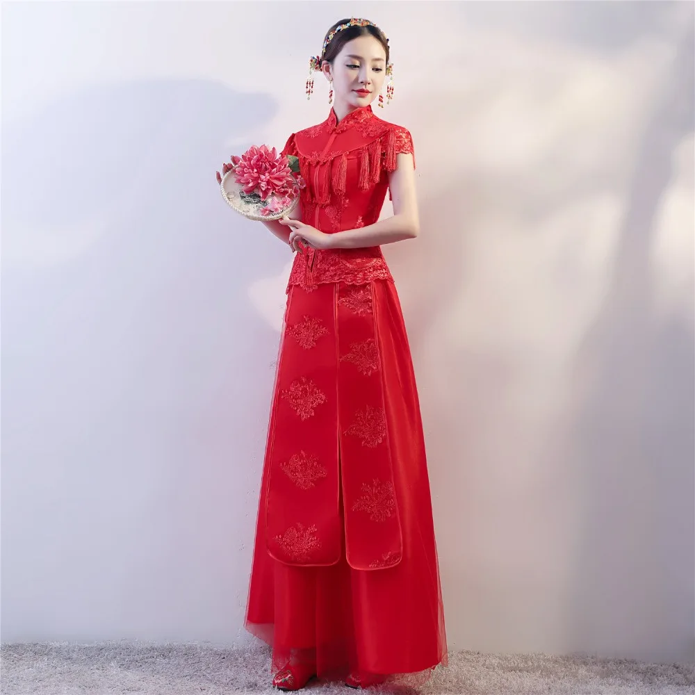 Шанхая история Длинные платья Cheongsam с вышивкой красный Qipao для женщин традиционное платье Китайский Свадебный костюм xiuhe