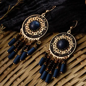 Fashion black crystal tassel earrings with stones kolczyki wooden pendant french earrings for women&girls drop earings jewelry
