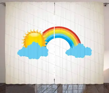 

Vintage Rainbow Curtains Sun Over The Clouds on a Beige Diagonal Lines Background Summer Season Living Room Bedroom Window Drape
