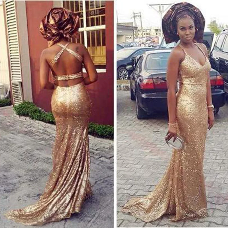 2016 New Cheap Rose Gold Sequins Halter Prom Dresses Mermaid