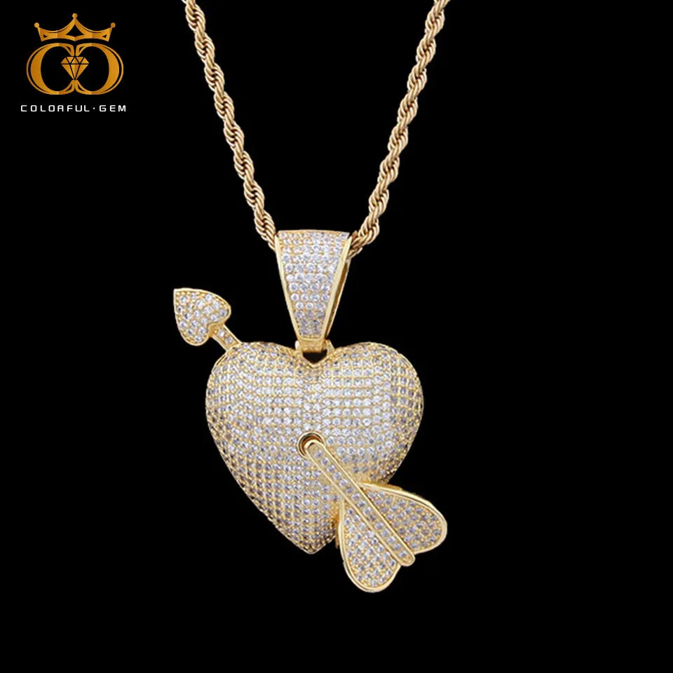 

colorful.gem An Arrow Through The Heart Pendant Rope/Cuban Chains Gold /Silver Color AAA Cubic Zircon Men's Hip Hop Jewelry