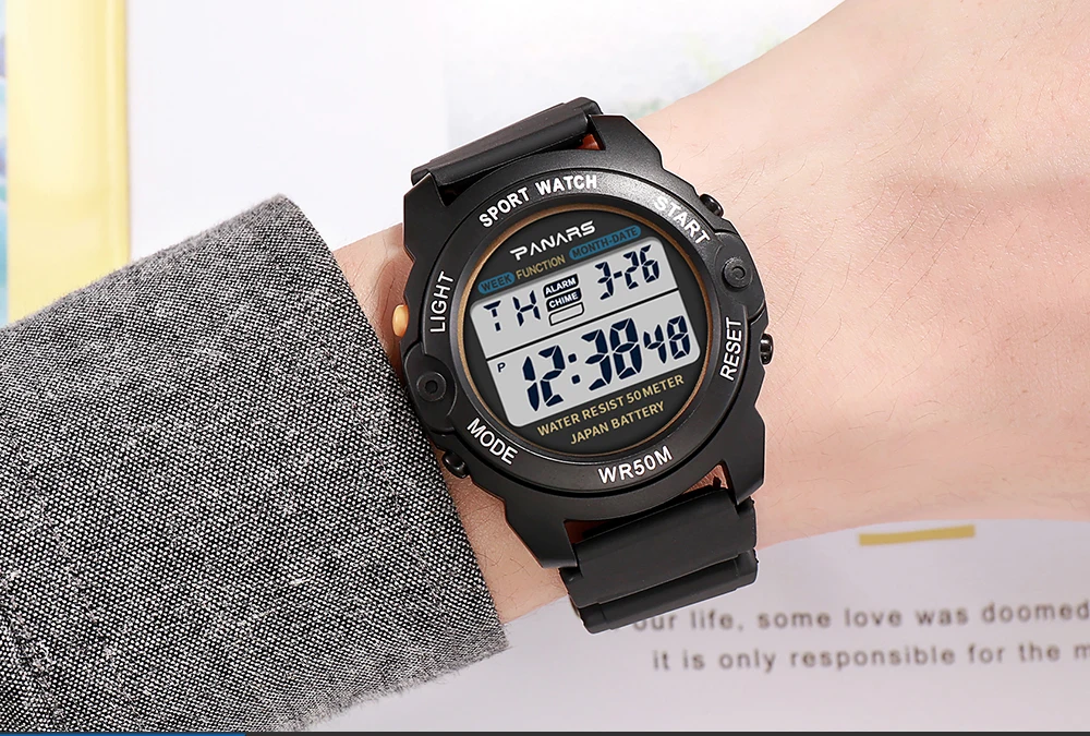 PANARS Outdoor Sports Watch Digital Watches Mens Waterproof Alarm Clock 5Bar LED Black Fashion Watch Mens Chronograph Watch