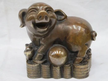 

free shipping Collectible bronze S2286 5" Chinese Feng shui Good luckly Bronze FOO PIG stand on Money wired statue