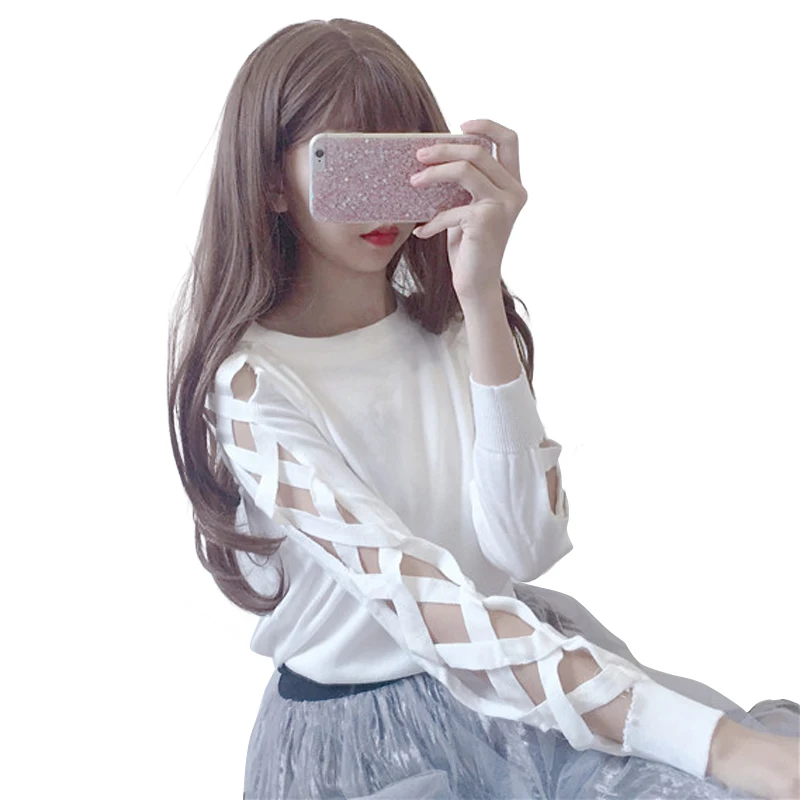 

Harajuku Summer Personality Cross Hollow Out Kawaii T-shirts 2018 Japanese Casual Women Slim Shirts Female Pullover Tops Tee