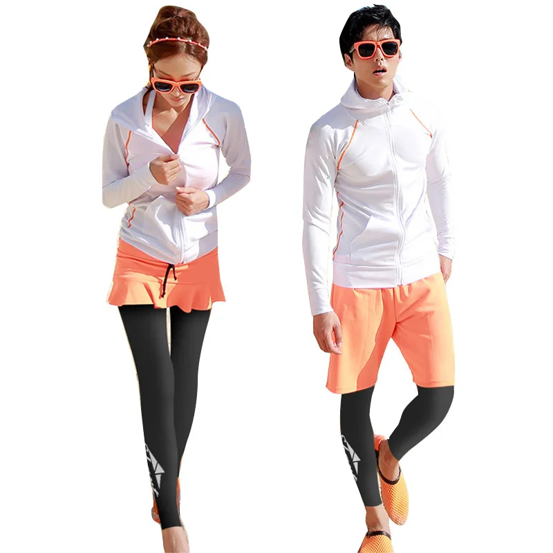 

Men women set Long Sleeve Rash Guard Shirt with Hood+leggings+Skirt for Swimming Snorkeling Sun Suit Rashguard UPF 50+ Swimwear