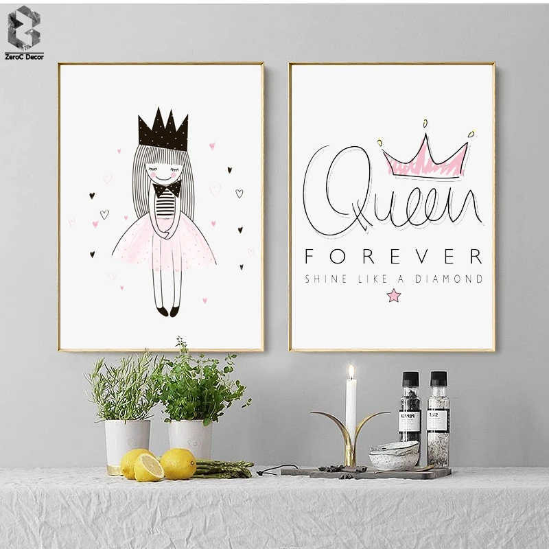 

Pink Crown Canvas Art Print Painting Poster, Watercolor Girls Wall Pictures For Home Decoration