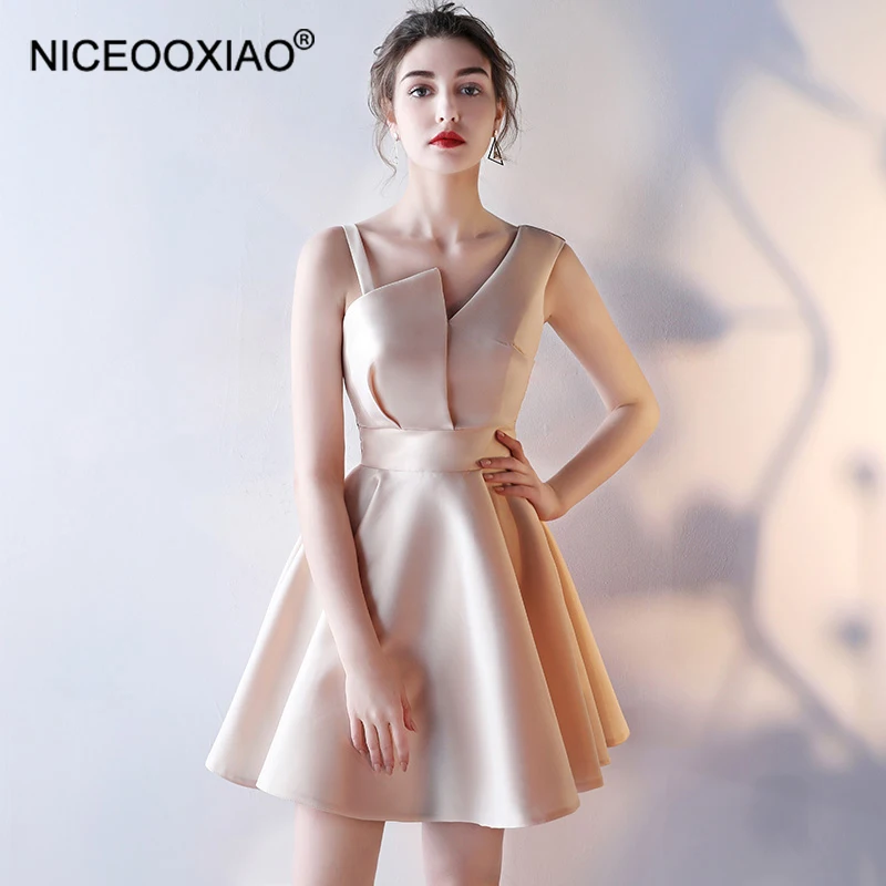NICEOOXIAO 2018 Новое однотонное вечернее платье на одно плечо короткое элегантное с
