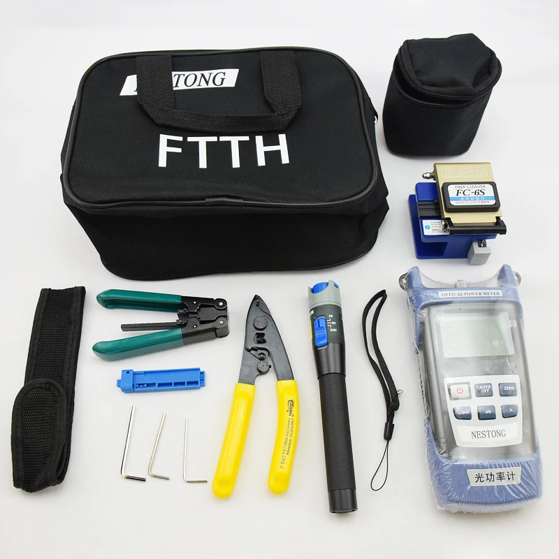 9 In 1 Fiber Optic FTTH Tool Kit with FC-6S Fiber Cleaver and Power Meter