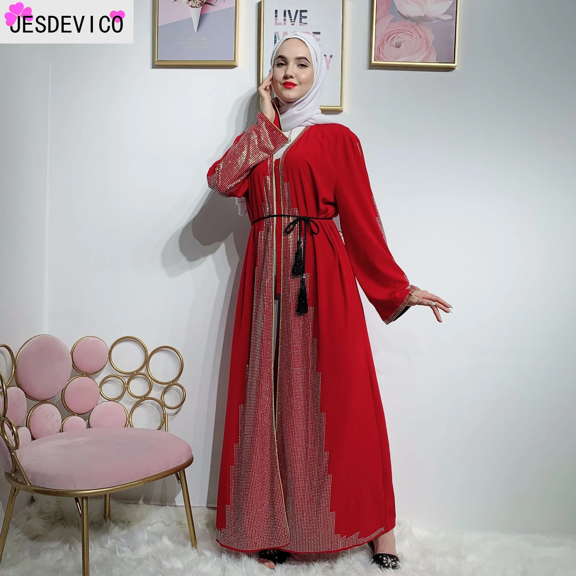 Роскошный мусульманский кардиган украшенный бусинами abaya длинное кимоно длинные