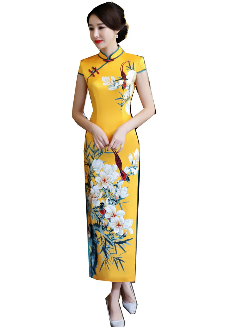 

Shanghai Story Faux Silk Qipao dress Long Cheongsam national trend dresses Short Sleeve Slim Traditional Chinese Dress for Woman