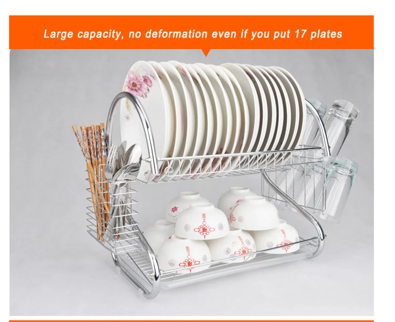 2 Tiers Dish Drying Rack Holder Basket Plated Iron Kitchen Washing Sink Dish Drainer Drying Rack Knife Bowl Organizer 08164