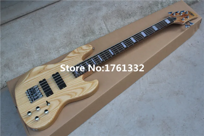 

Factory custom 24 frets 5 strings natural wood color electric bass guitar with active circuit,white pearl inlay,can be changed