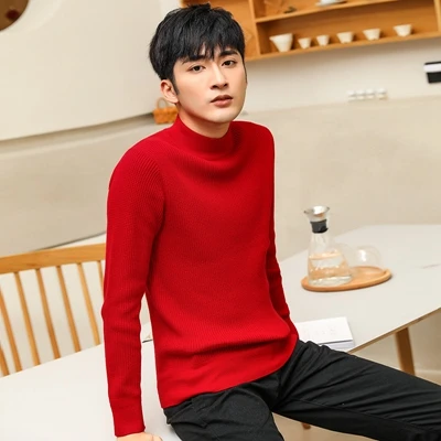 New Wool Sweater men warm cotton elastic winter Korean fashion casual turtleneck solid color plus size 3XL homme tops sweaters - Цвет: Красный