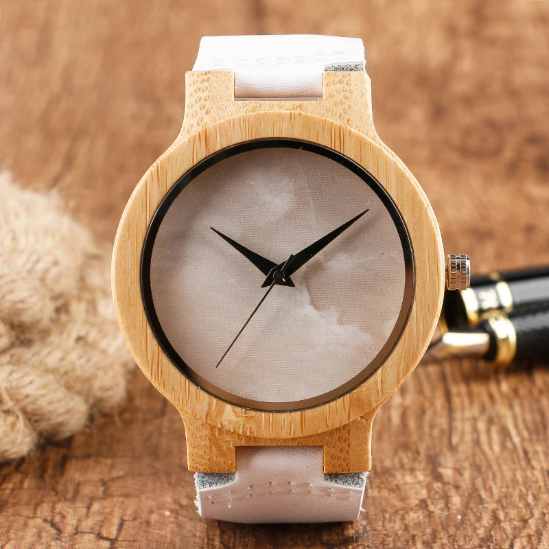 Cool Marble Pattern Dial Design Wood Watches Light Hand made Wooden Quartz Wristwatches White Genuine Leather