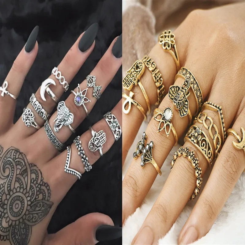 

13 Rings For Women Retro Charms Crown Gems Large Palm Elephant Vintage Joint Women Engagement Ring Set Wedding Rings Jewelry