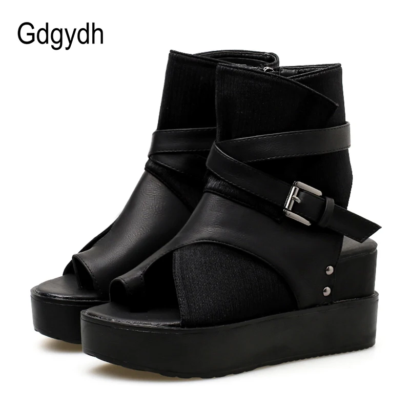 open toe black heel boots