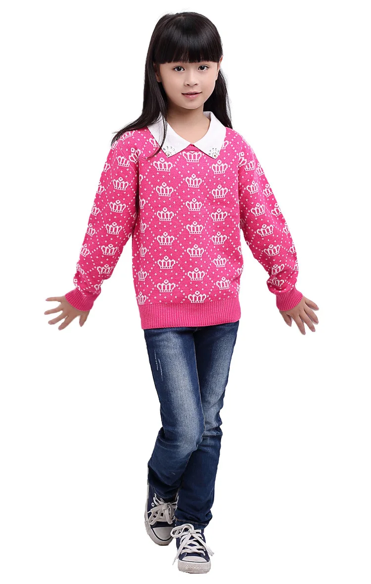 

2016 New Autumn &Winter 3~15 Girls Sweater Long Sleeve Wool Sweaters Crown Patten Children Cartoon Clothing Baby Girl Pollover