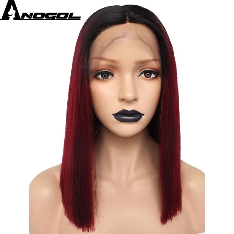 Anogol Dark Roots Ombre Wine Red Synthetic Lace Front Wigs Short Straight Bob Futura Wig for Woman Middle Part photo
