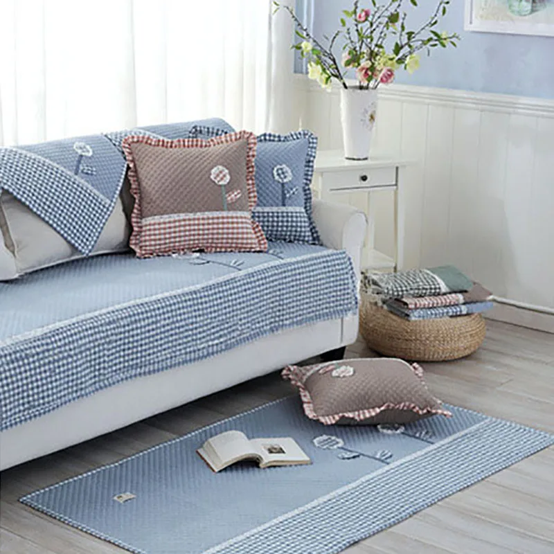 

Korean Fresh 100% Cotton Sofa Armrest Towel Cushion Patch Embroidered Floral Stripe Blue Fabric Non-slip Sofa Cover Home Textile