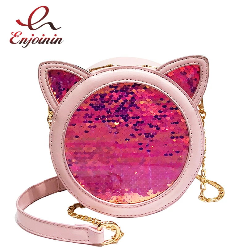 

Color Sequins Round Design Cartoon Cat Ears Casual Girl's Shoulder Bag Tote Crossbody Mini Messenger Bag Female Bolsa Handbag