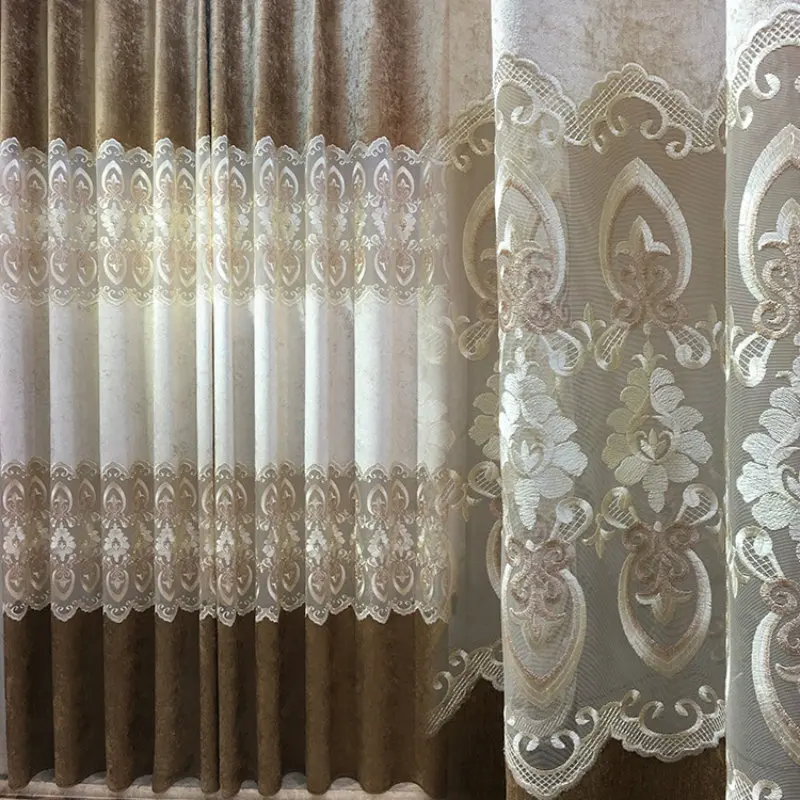 

High quality European chenille jacquard embroidery curtains living room bedroom luxury sun hat custom chiffon curtain treatment