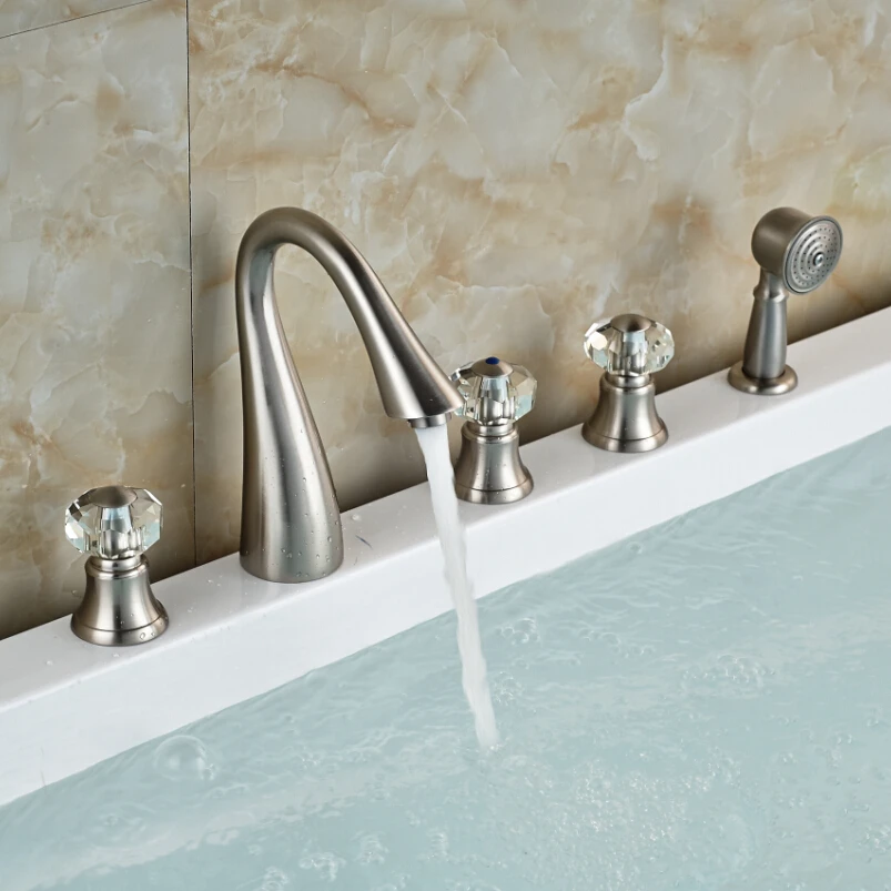 Brushed Nickel Deck Mounted Bath Tub Sink Faucet Triple Handle Swan