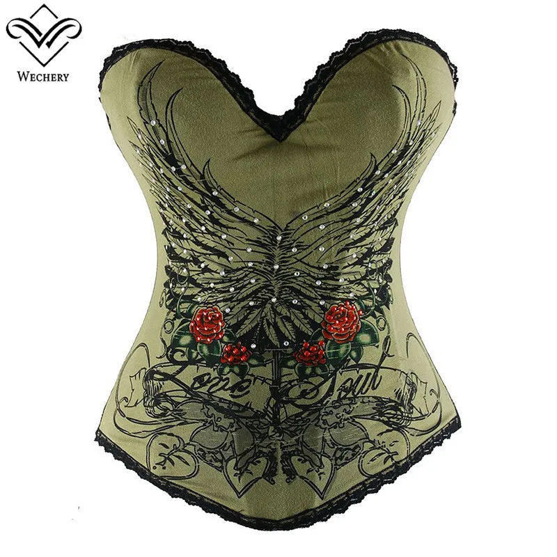

Wechery Gothic Punk Corset Floral Beading Bustiers Lace Strapless Corselet Women's Plus Size Flower & Wing Pattern Tops