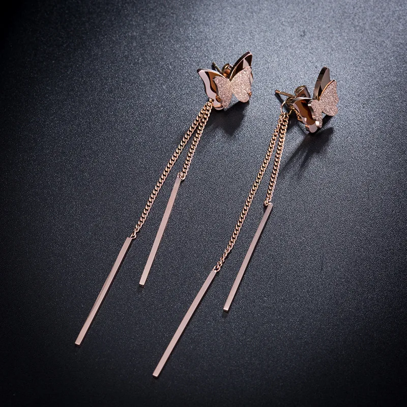 

New Design Butterfly Titanium Steel Earrings Female Jewelry Rose Gold Long Tassel Animal Earrings Boucles D'oreilles RN01307